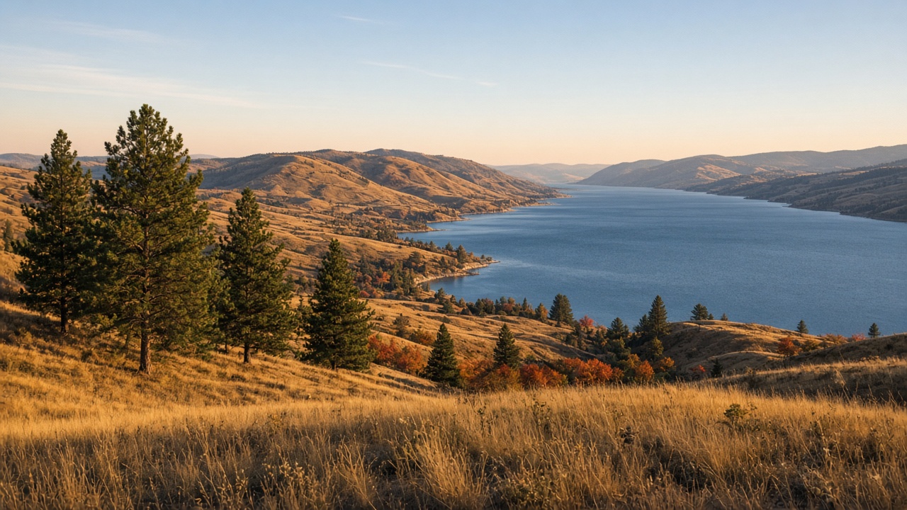 Goldene Hügellandschaft und weiter See im Okanagan Valley