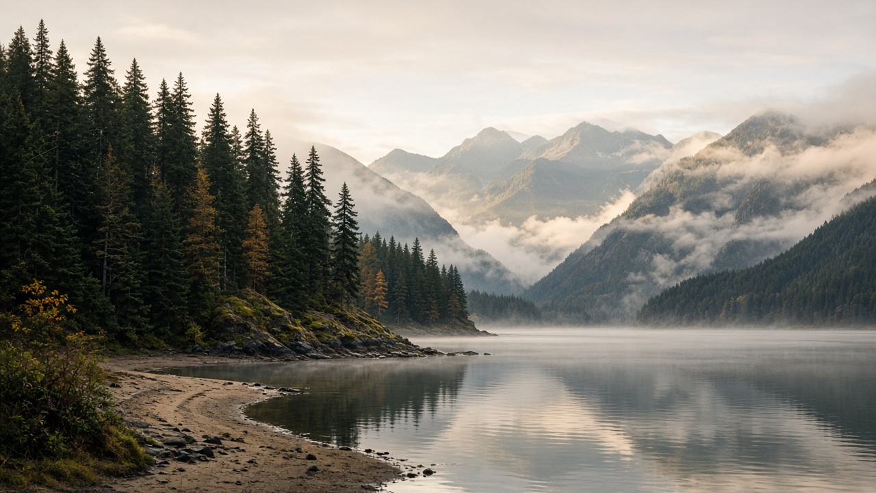 Ruhiger Bergsee zwischen bewaldeten Bergen an der kanadischen Westküste